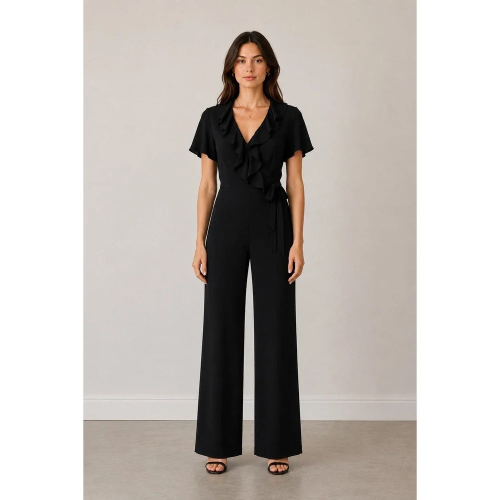 NWT Tahari Arthur S Levine Black Jumpsuit Size 16 Ruffle Wide Leg 8220M952